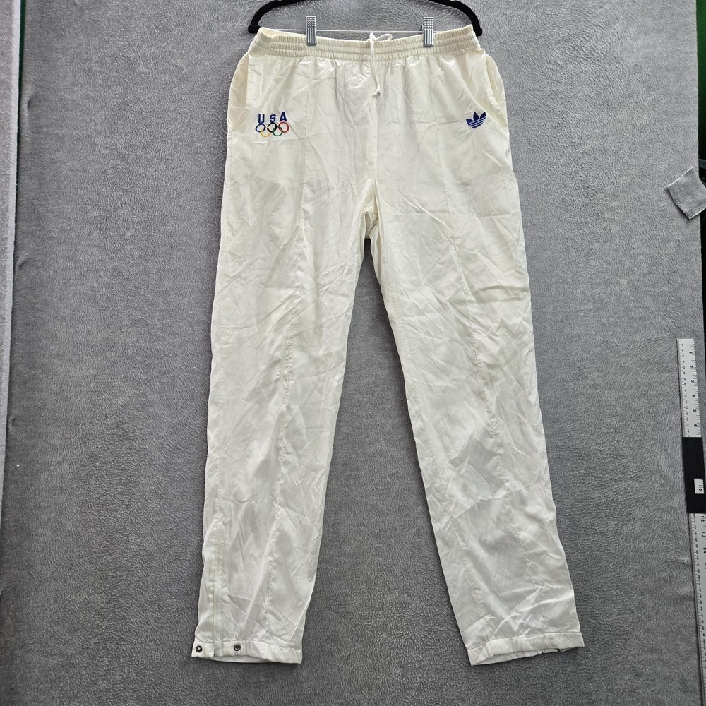 VINTAGE USA Olympic Team Men Pants M White Track Trefoil Embroidered 90s READ